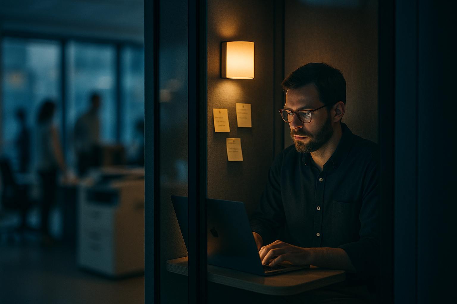 Medewerker werkt geconcentreerd in stiltecabine