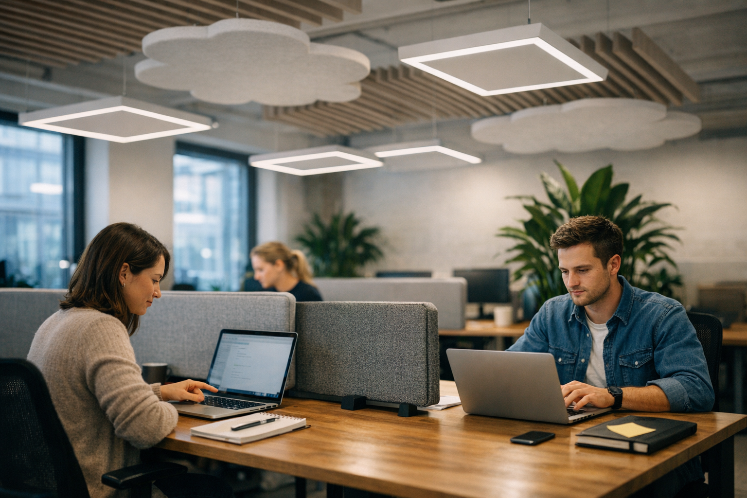 Akoestische kantoorinrichting voor open ruimtes