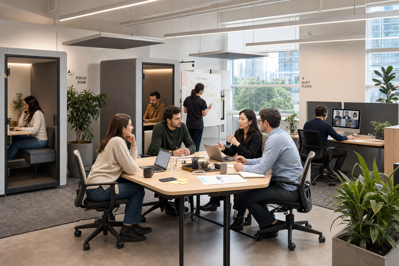 Modern kantoor met flexibele werkplekken voor hybride werken