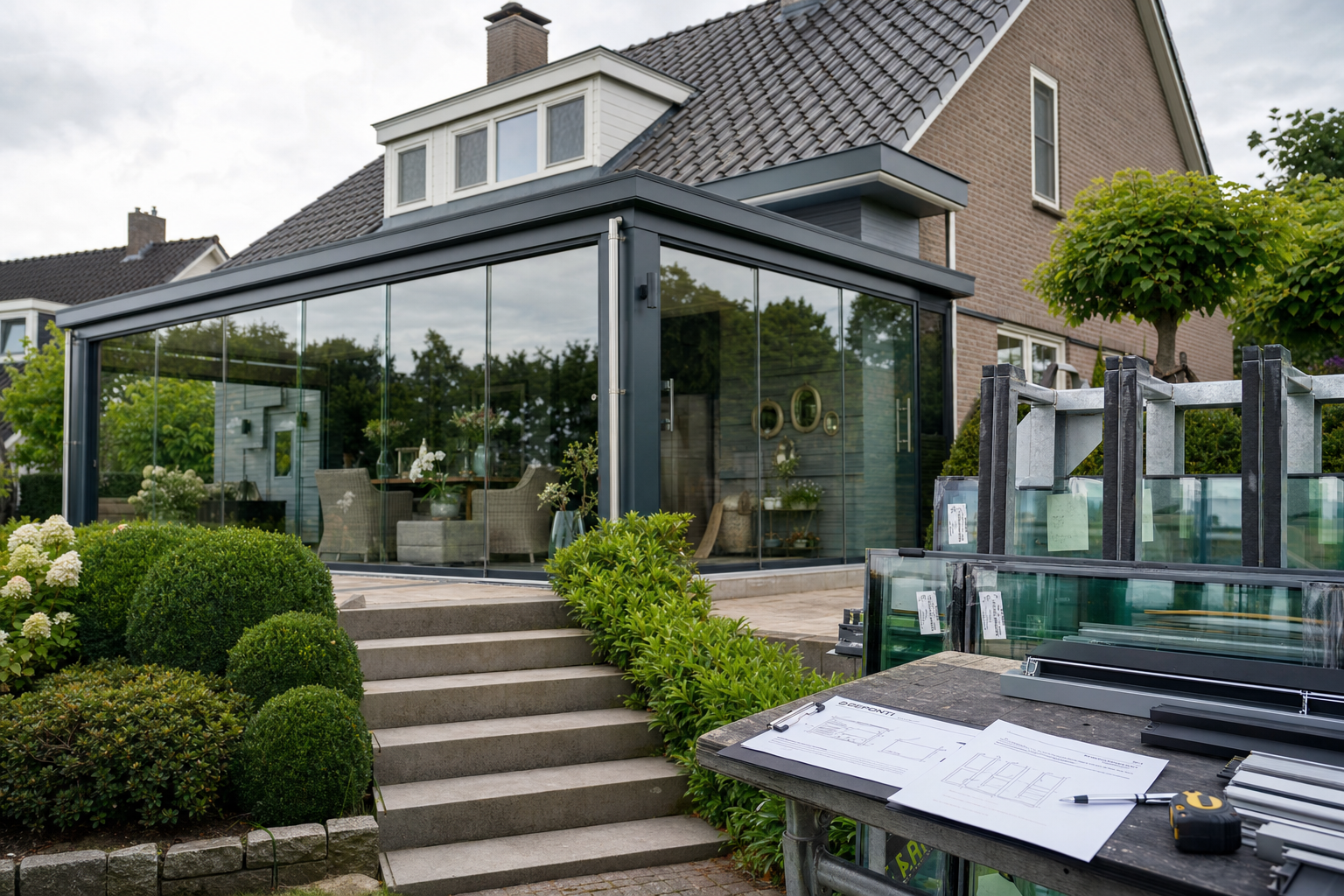 Moderne glazen schuifwand interieur