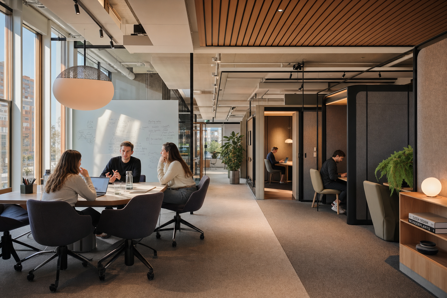 Hybride kantoor inrichting met samenwerkingszones en concentratieruimtes