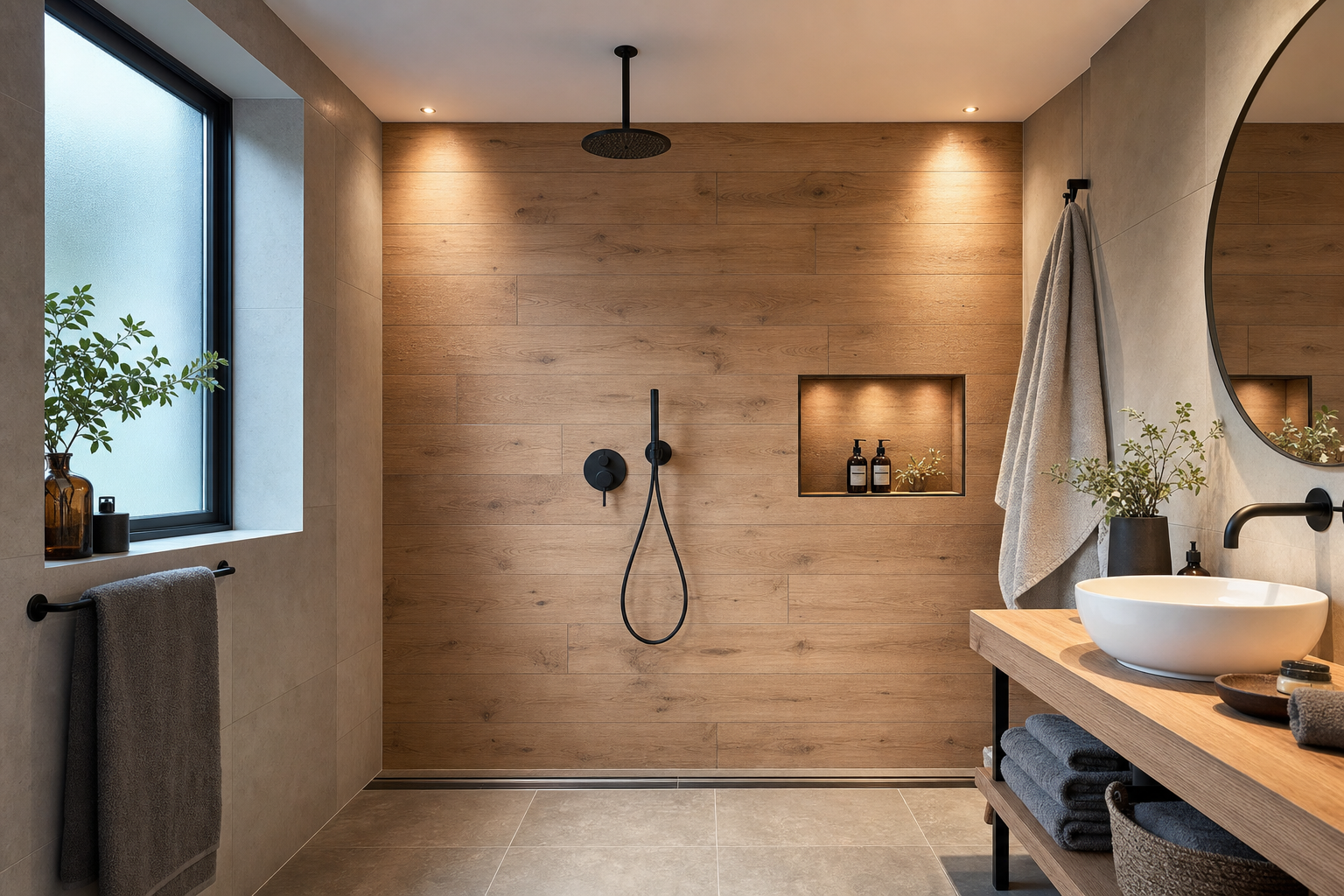 Wandpanelen houtlook in badkamer