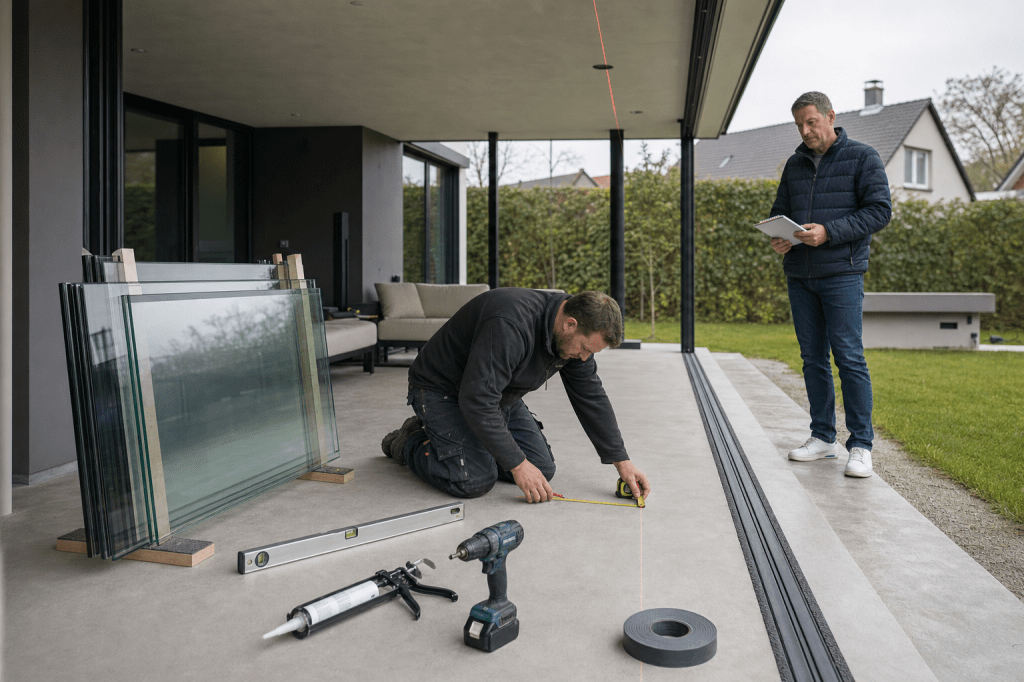 Hoe verloopt de montage van glazen schuifwanden inclusief montage stap voor stap en welke voorbereiding (maatvoering, waterpas ondergrond en afdichting) moet je zelf&nbsp;doen?